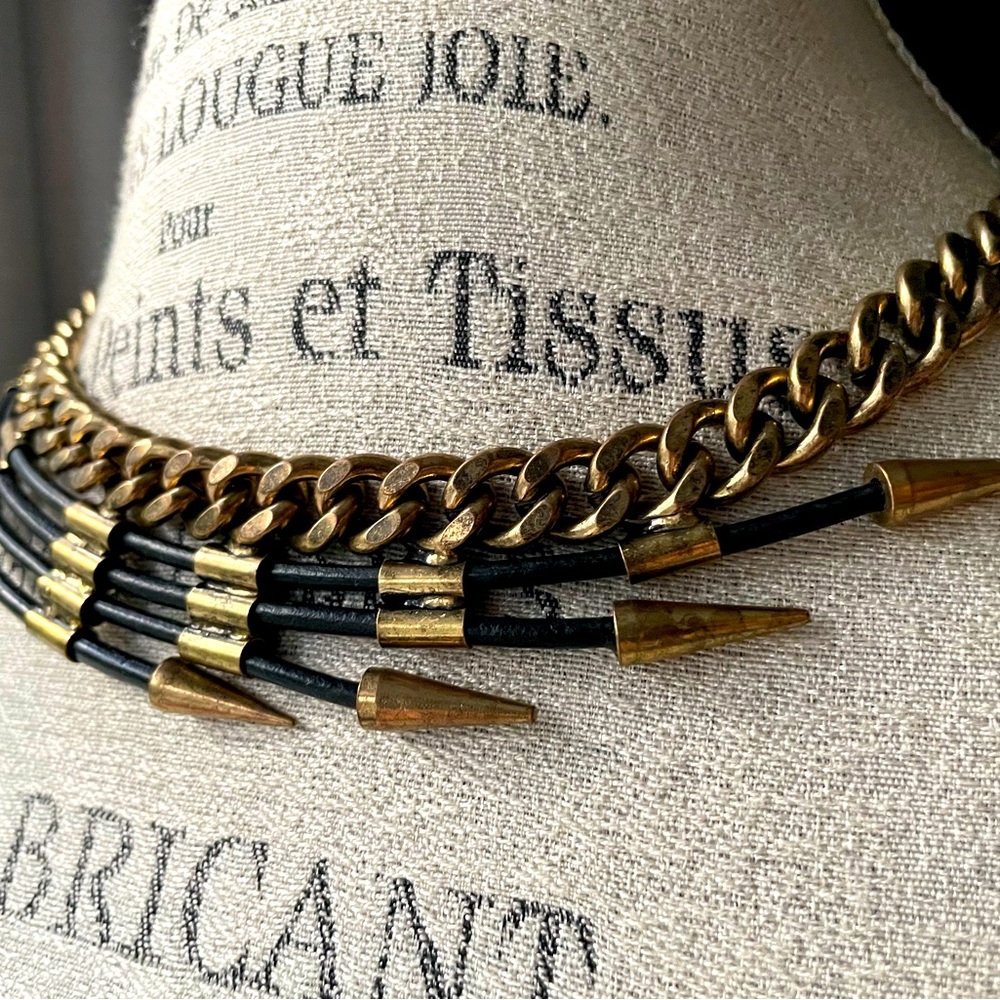 NWOT Passiana Leather Spike Bib Collar Statement Necklace